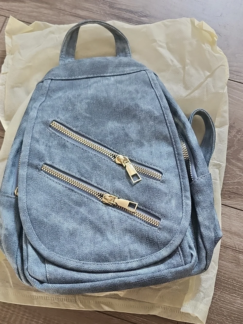 Light Blue Denim Mini Backpack with Gold Zippers